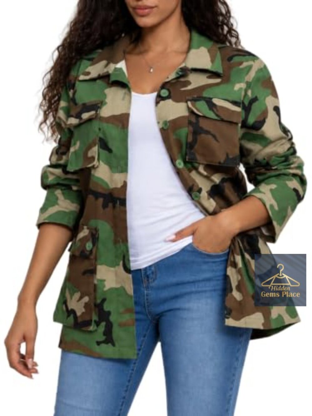 Women's Camouflage Cargo Jacket Denim Style Long Sleeve Button Down Casual
